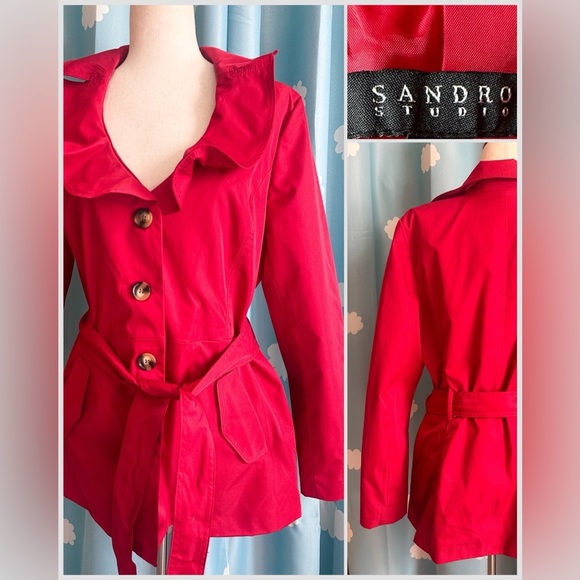 Sandro Studio red ruffle trench coat-L - Picture 1 of 7